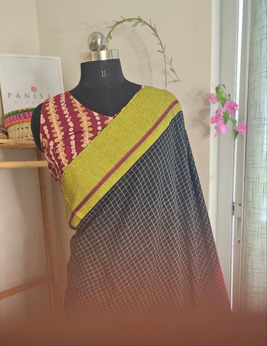 REKHA RANG -  Fine check weave, and vibrant Ganga Jamuna border