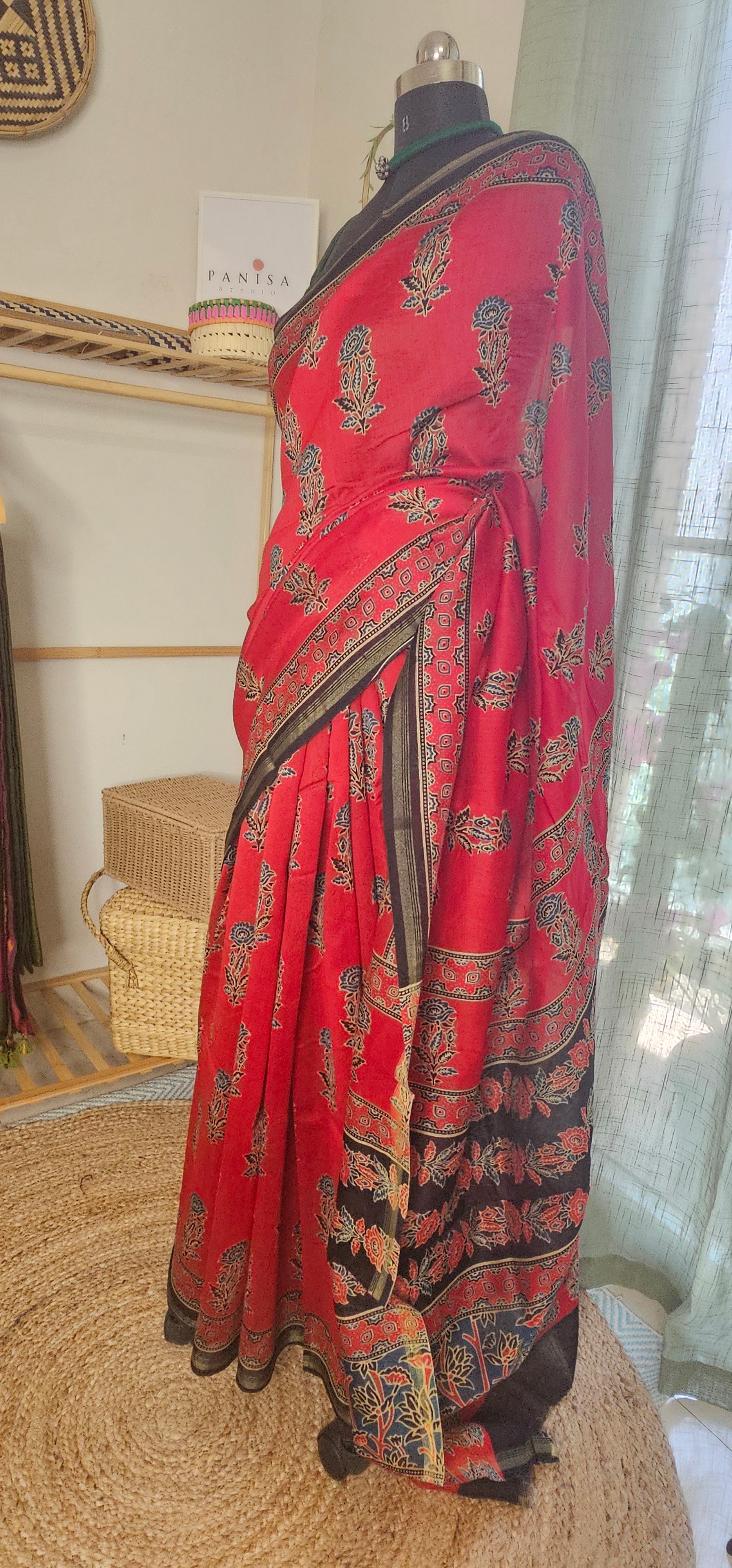 Ruhani Ajrakh -Handblock-inspired Chanderi saree in timeless heritage tones