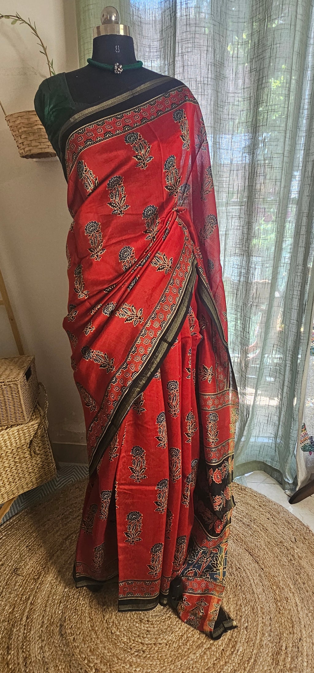 Ruhani Ajrakh -Handblock-inspired Chanderi saree in timeless heritage tones