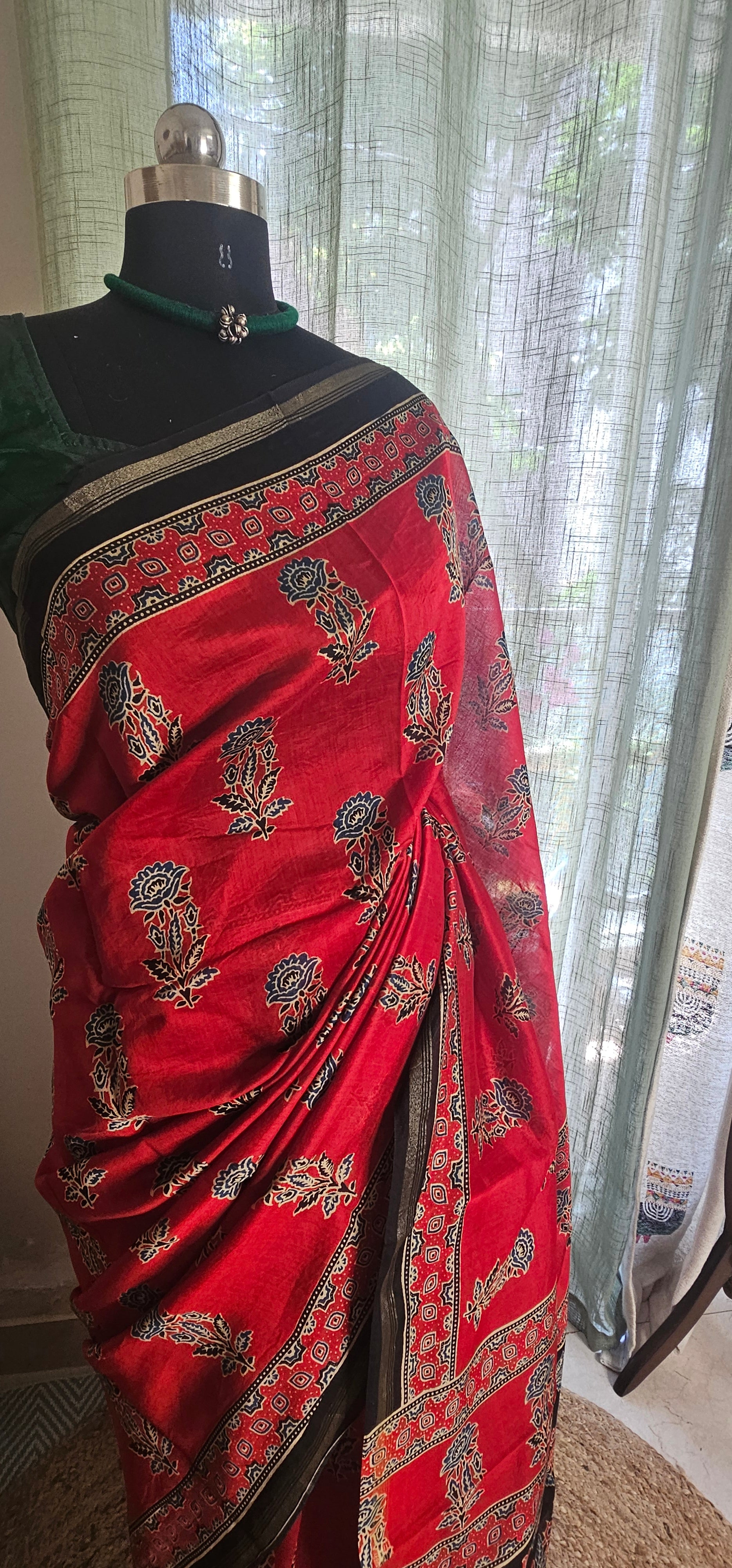 Ruhani Ajrakh -Handblock-inspired Chanderi saree in timeless heritage tones