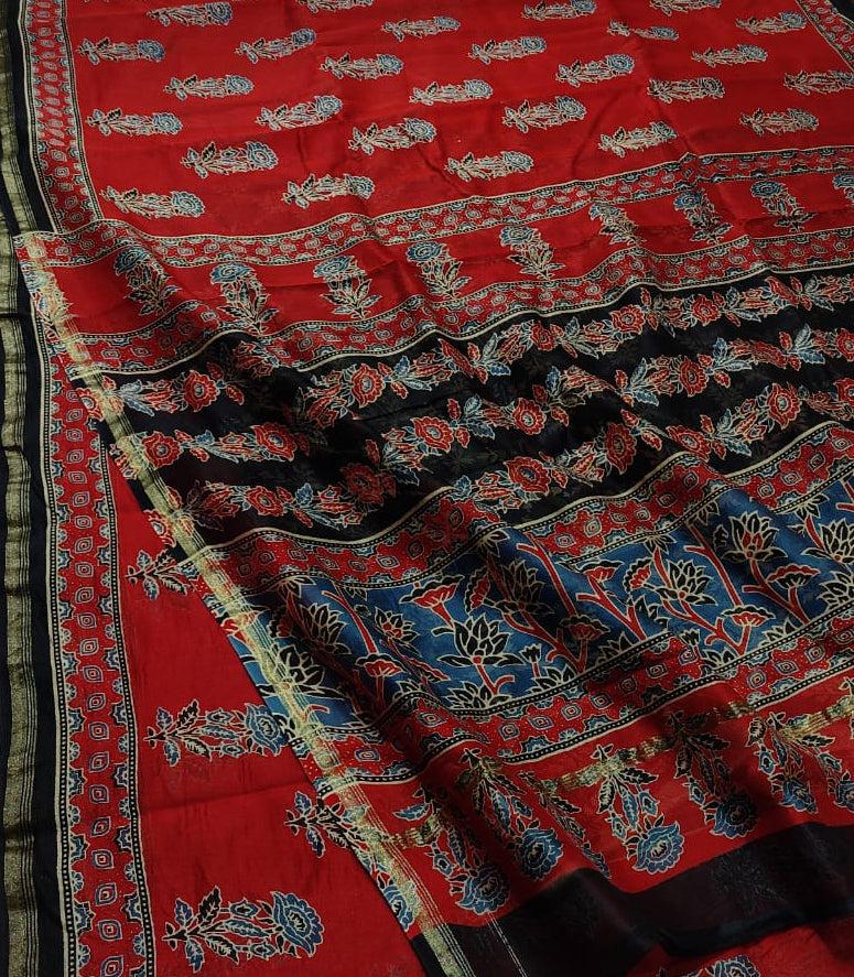 Ruhani Ajrakh -Handblock-inspired Chanderi saree in timeless heritage tones